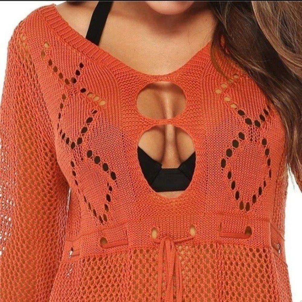 High Quality Crochet Knitted Beach Dress Orange - Picture 3 of 16